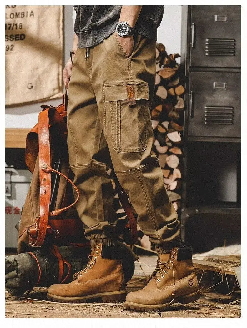 New Classic Vintage Loose Elastic Waist Casual Pants for Men Spring Autumn Workwear Heavy-duty Retro Khaki Cargo Harem Trousers
