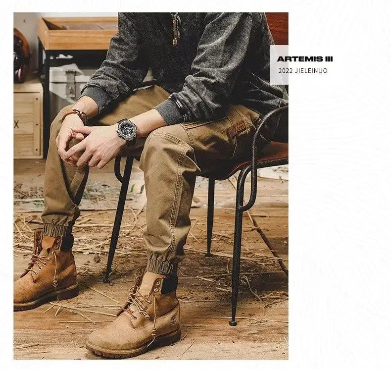 New Classic Vintage Loose Elastic Waist Casual Pants for Men Spring Autumn Workwear Heavy-duty Retro Khaki Cargo Harem Trousers