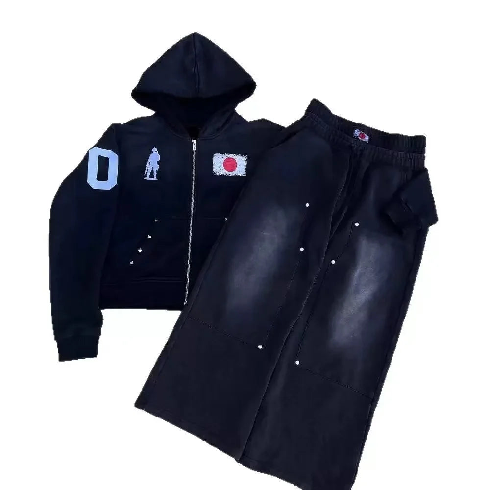 2025 European and American letter trendy brand hooded cardigan autumn and winter new fashion trend street sweater hoodie set